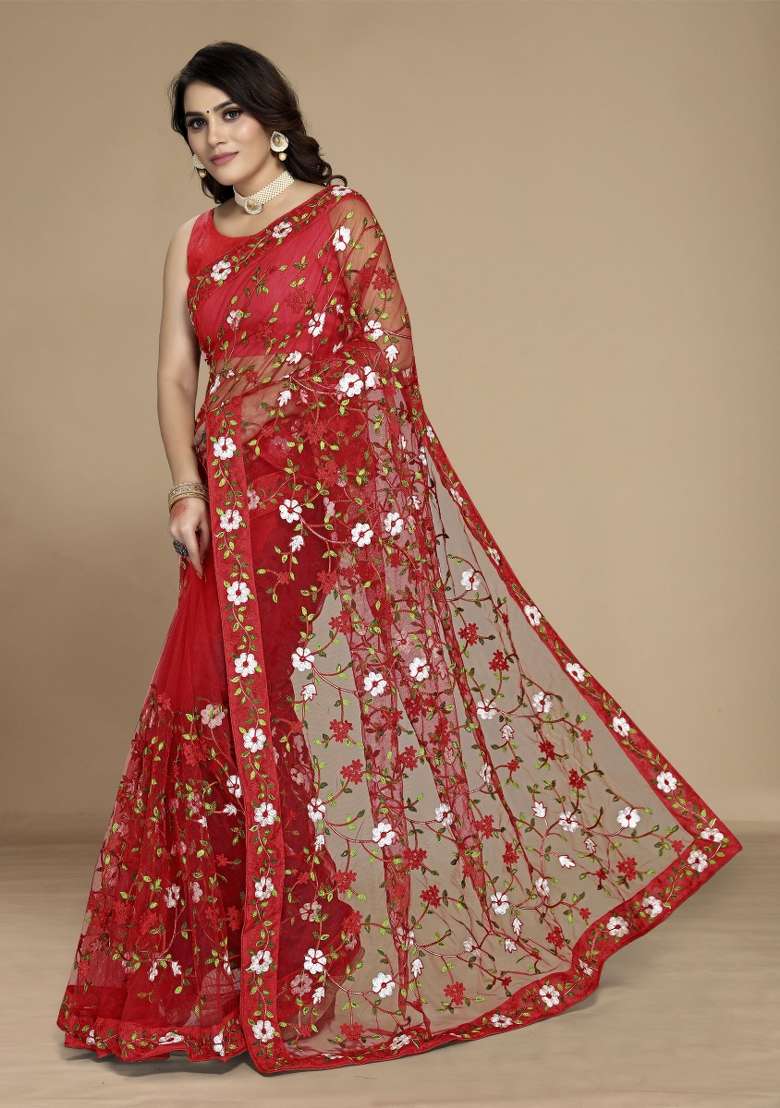 Red Net Saree Set with Embroidered for Diwali | Wedding & Festive Wear - Indya