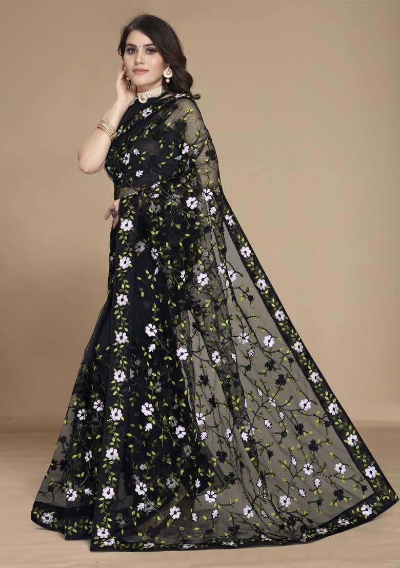 Black Embroidered Net Saree Set for Diwali and Festive Wear - Indya