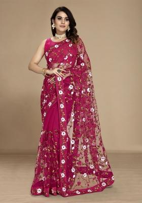 Pink Embroidered Net Saree Set
