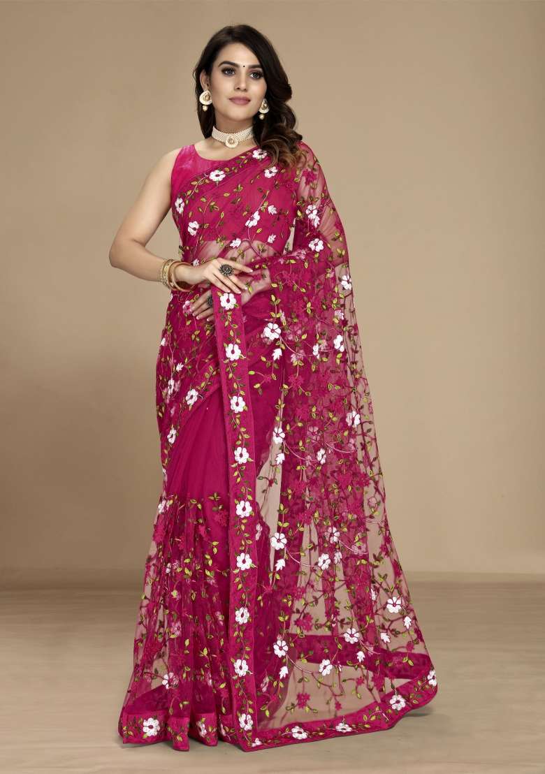 Pink Net Saree Set with Embroidered for Diwali | Wedding & Festive Wear - Indya