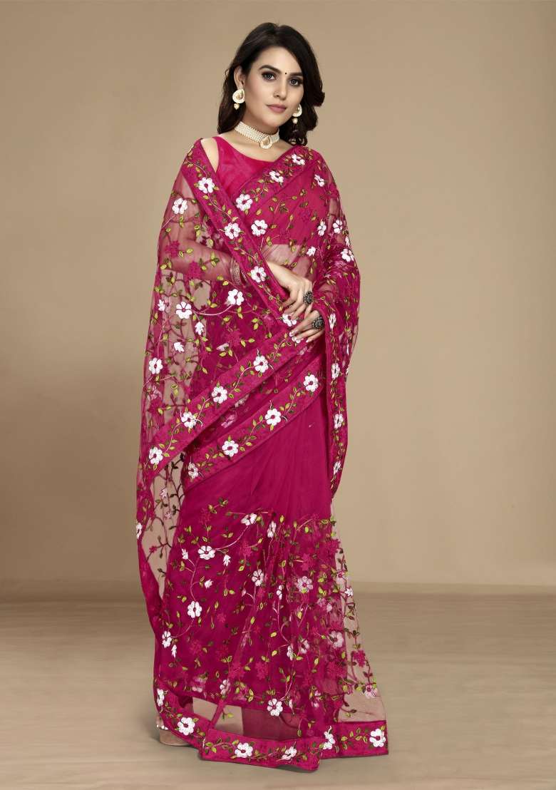Pink Net Saree Set with Embroidered for Diwali | Wedding & Festive Wear - Indya