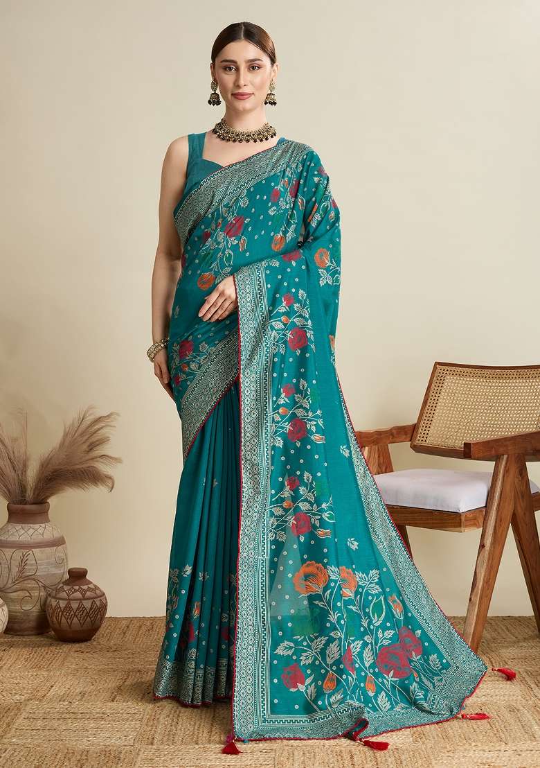Blue Printed Cotton Saree Set - Indya