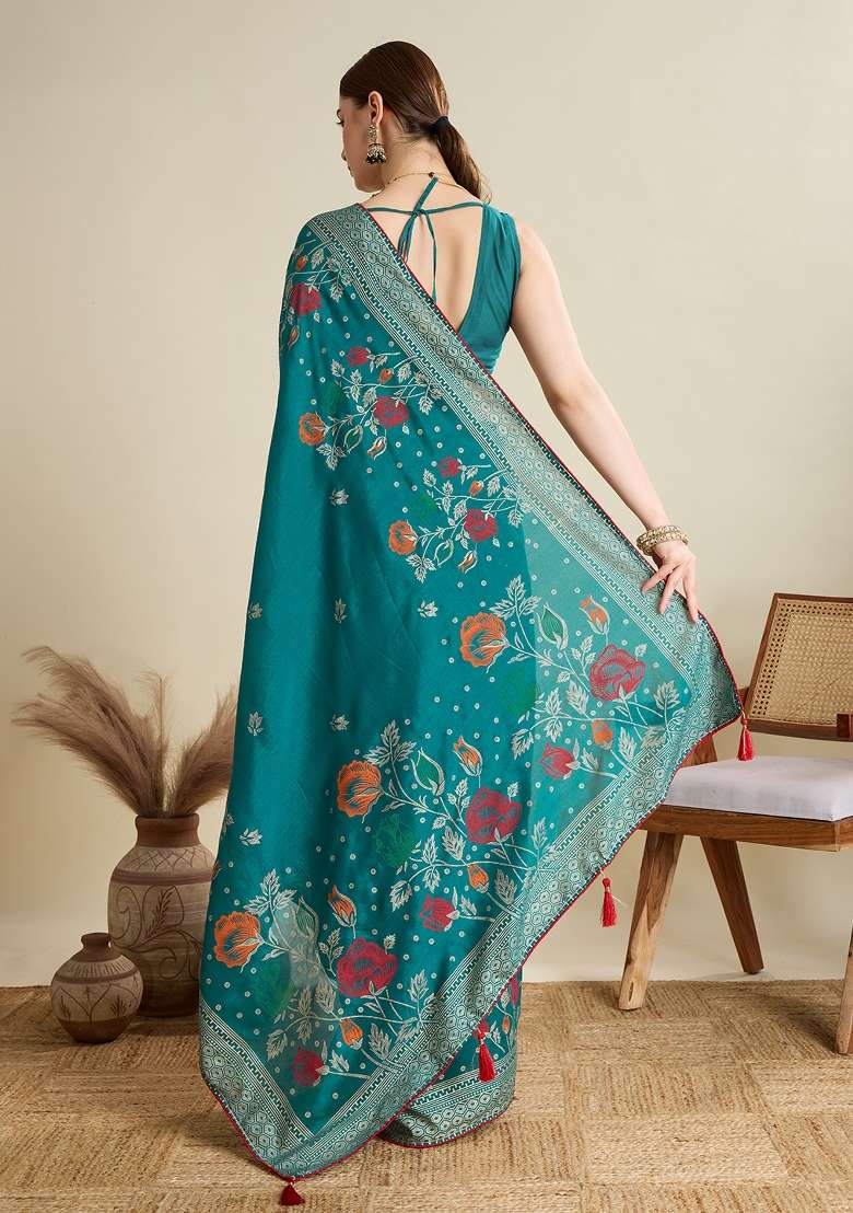 Blue Printed Cotton Saree Set - Indya