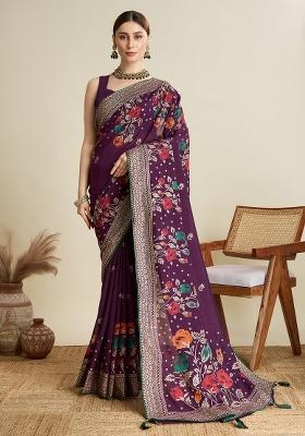 Wine Printed Cotton Saree Set