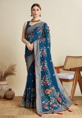 Blue Printed Cotton Saree Set
