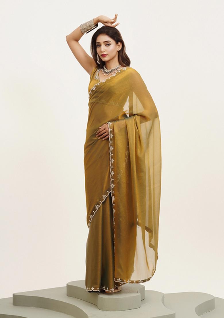 Yellow Printed Satin Saree Set