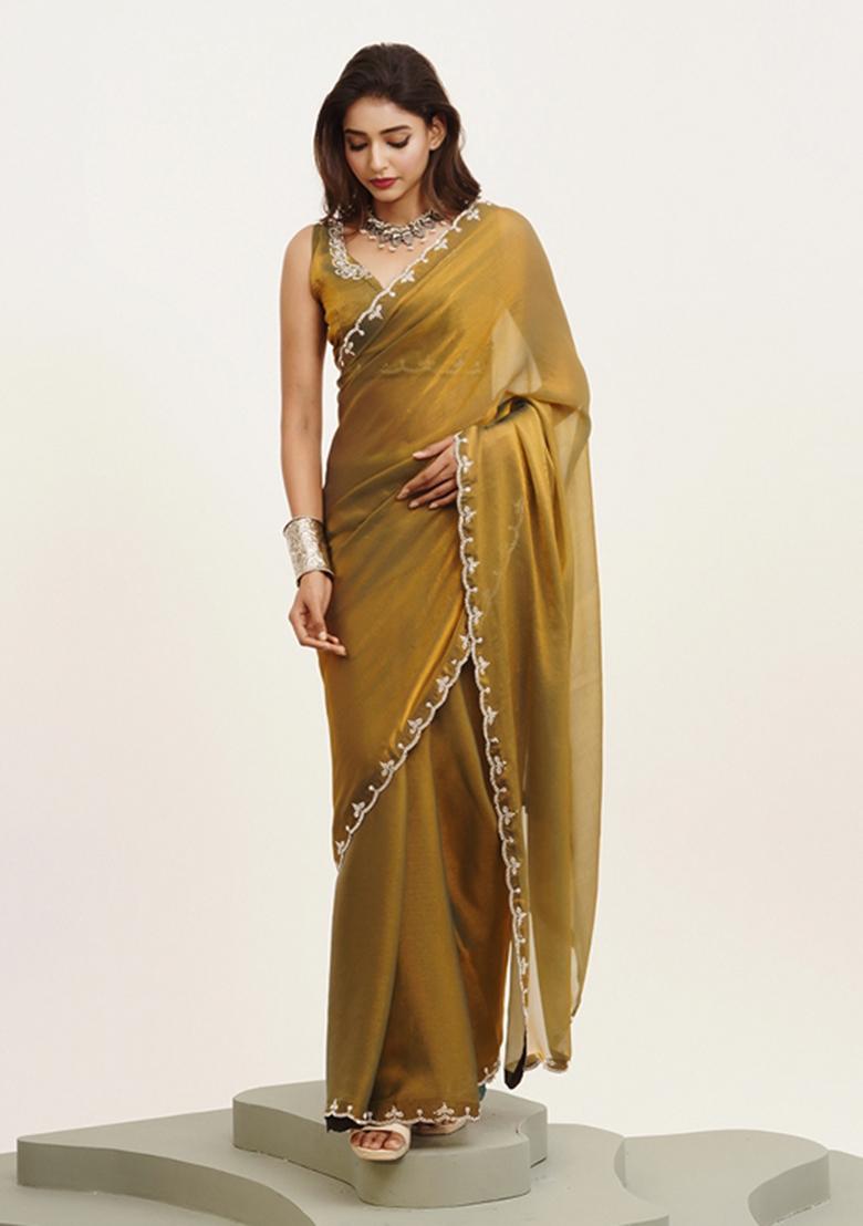 Yellow Printed Satin Saree Set