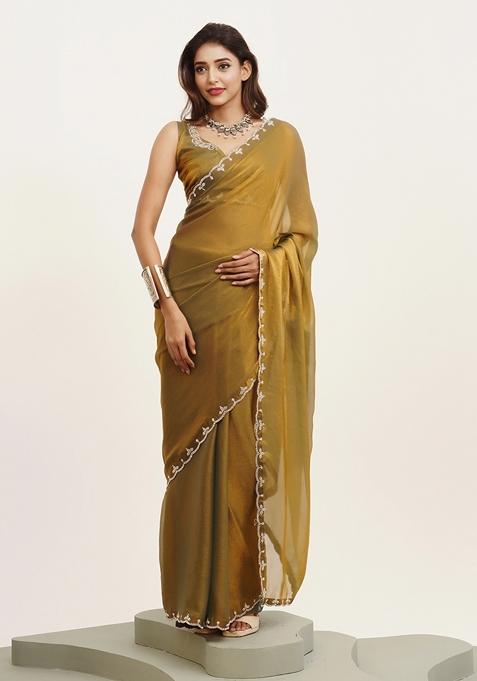 Yellow Printed Satin Saree Set