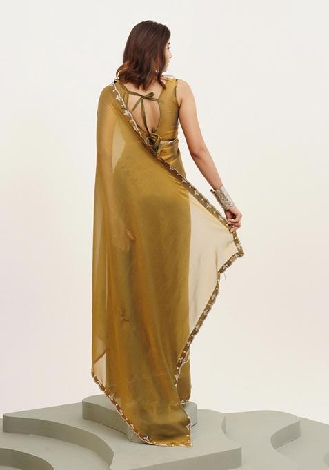 Yellow Printed Satin Saree Set