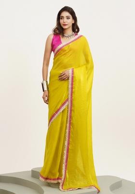 Yellow Printed Satin Saree Set