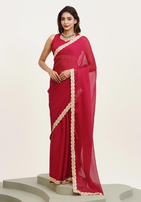 Red Printed Chiffon Saree Set