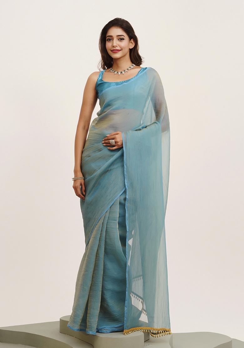 Blue Printed Satin Saree Set