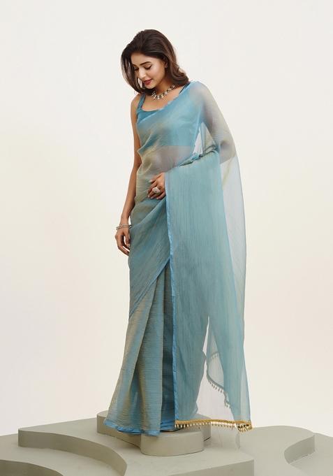 Blue Printed Satin Saree Set