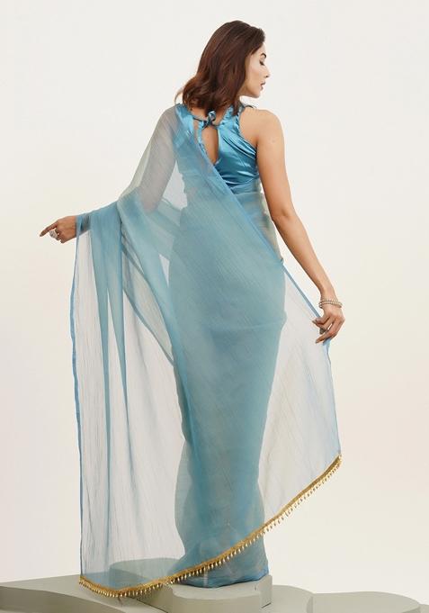 Blue Printed Satin Saree Set