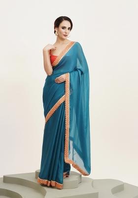 Blue Printed Chiffon Saree Set