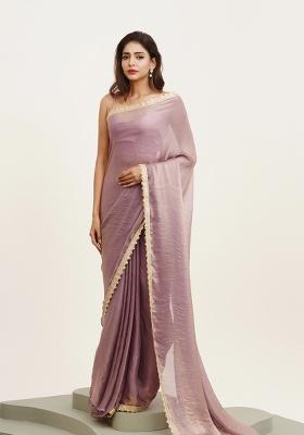 Purple Printed Satin Saree Set