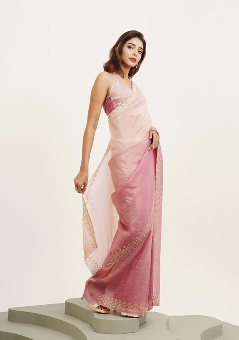 Pink Printed Tissue Saree Set