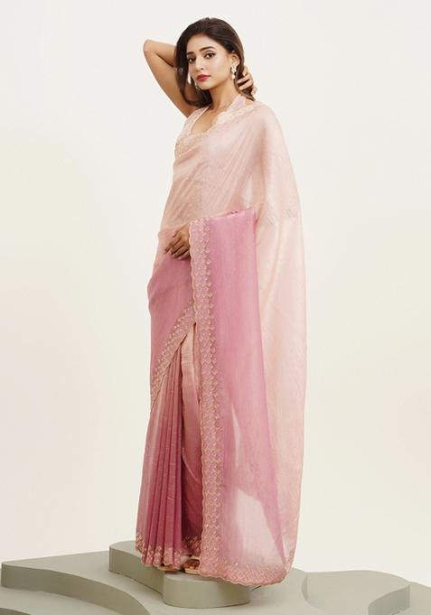 Pink Printed Tissue Saree Set