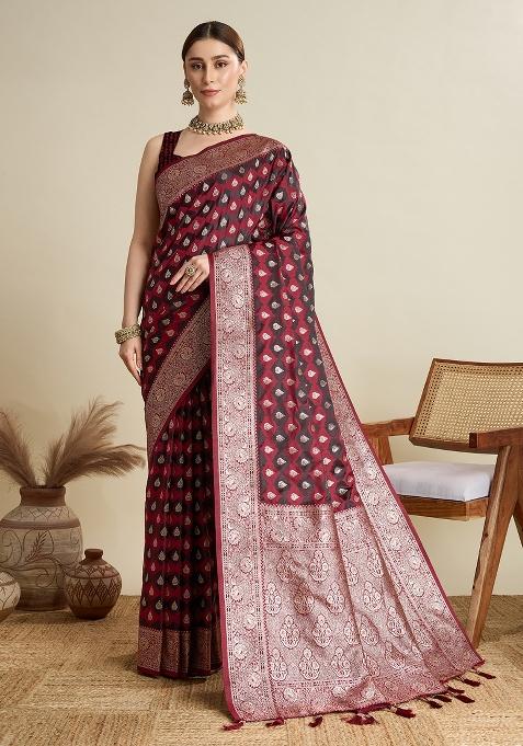 Maroon Embroidered Silk Saree Set