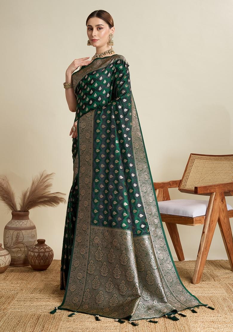 Green Embroidered Silk Saree Set - Indya