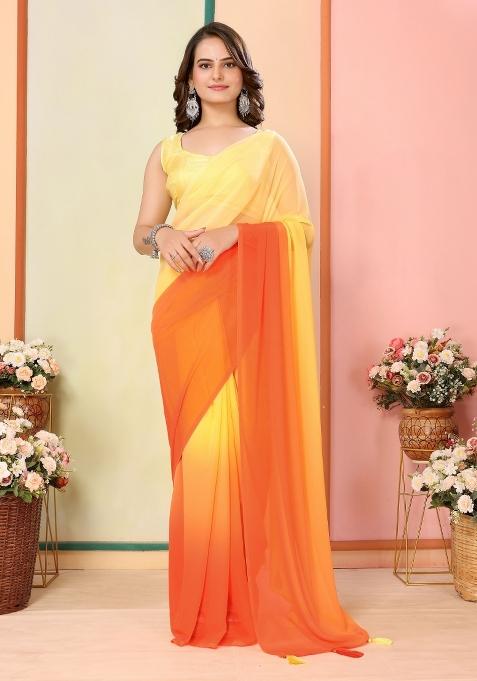 Yellow Printed faux georgette Saree Set