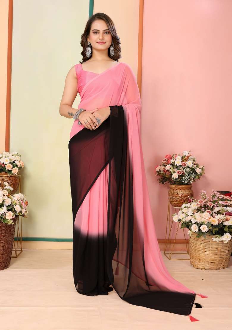 Pink Printed faux georgette Saree Set - Indya
