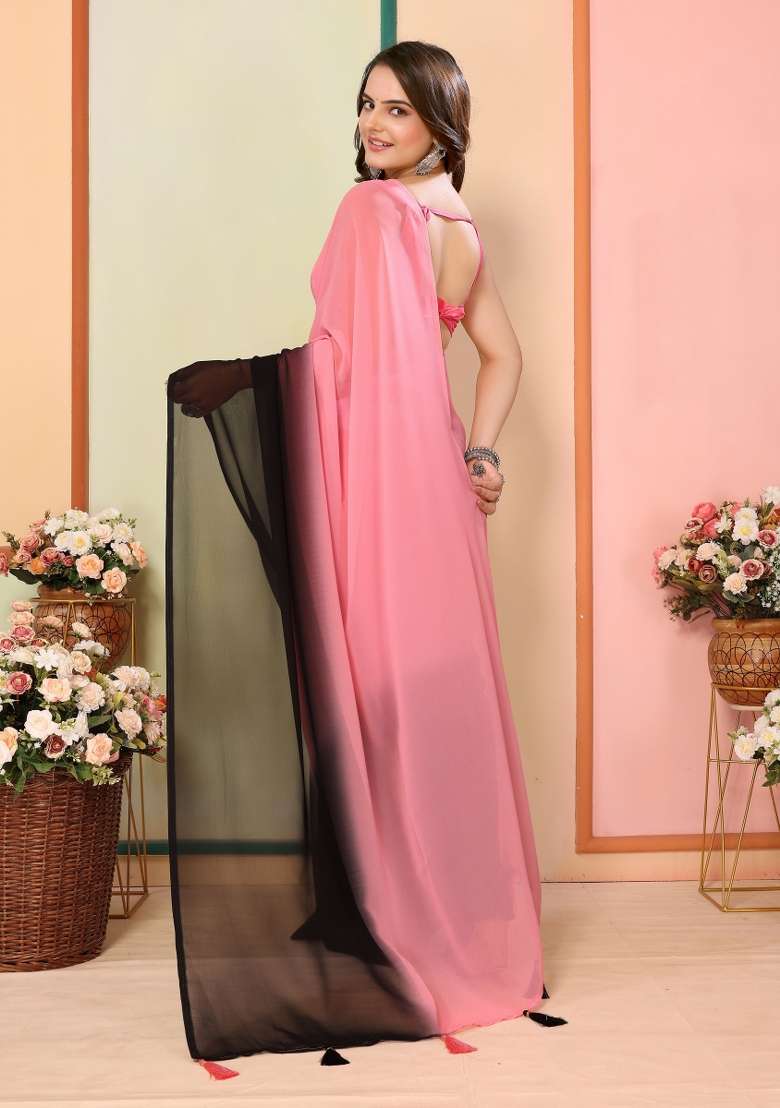 Pink Printed faux georgette Saree Set - Indya
