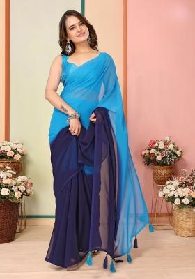 Blue Printed faux georgette Saree Set