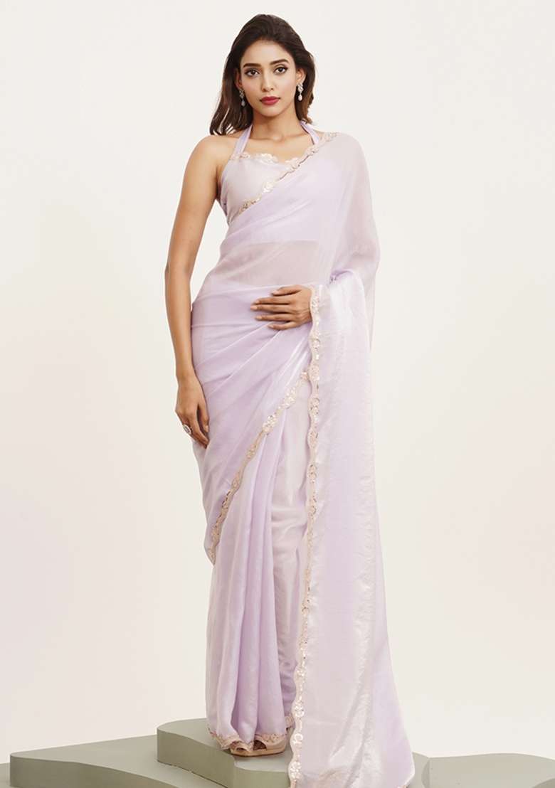 Purple Printed Tissue Saree Set - Indya