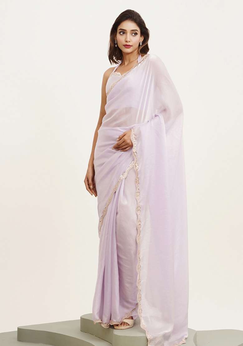 Purple Printed Tissue Saree Set - Indya