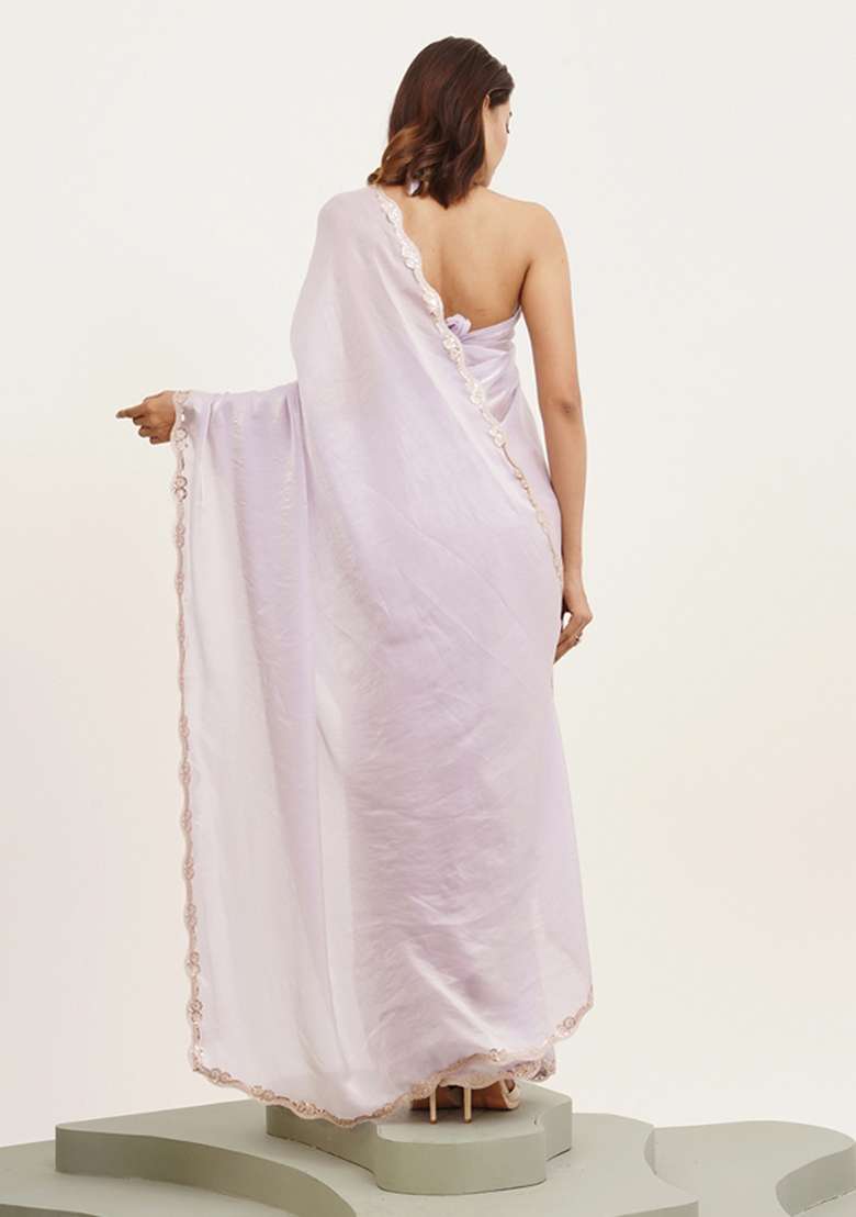 Purple Printed Tissue Saree Set - Indya