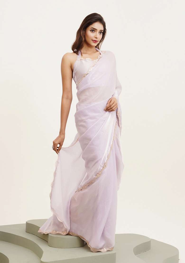 Purple Printed Tissue Saree Set - Indya