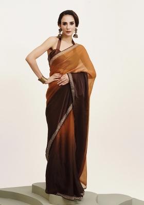Brown Printed Chiffon Saree Set