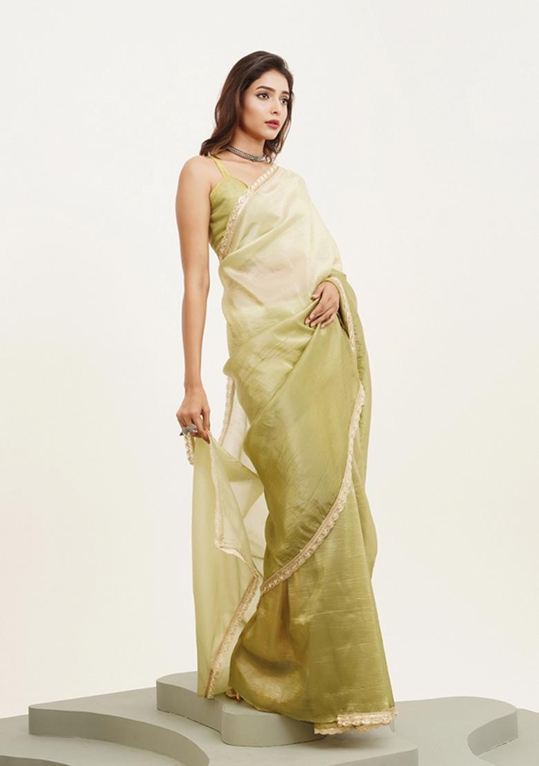 Green Printed Chiffon Saree Set - Indya