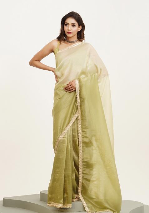 Green Printed Chiffon Saree Set