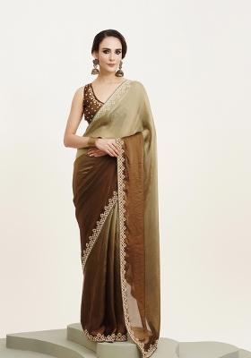 Green Printed Satin Saree Set