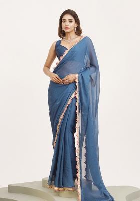 Blue Printed Chiffon Saree Set