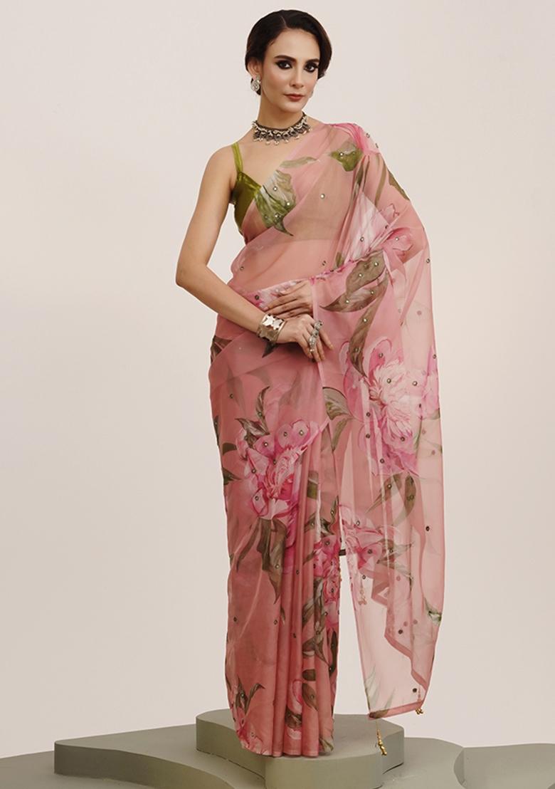 Pink Printed Organza Saree Set