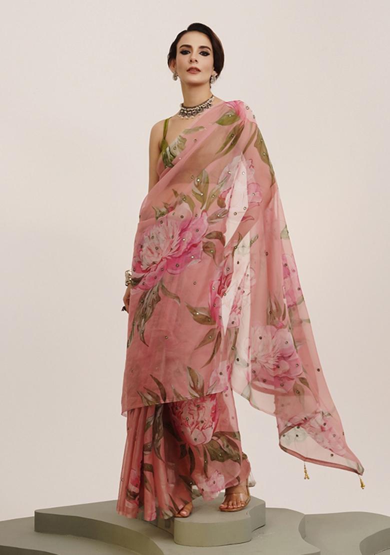 Pink Printed Organza Saree Set