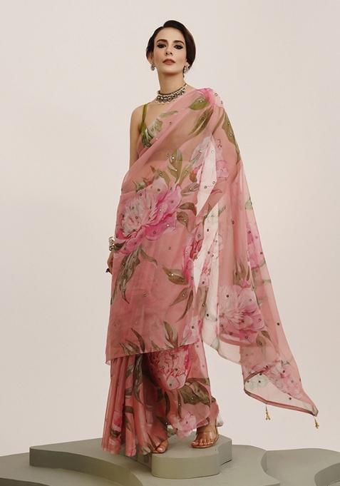 Pink Printed Organza Saree Set