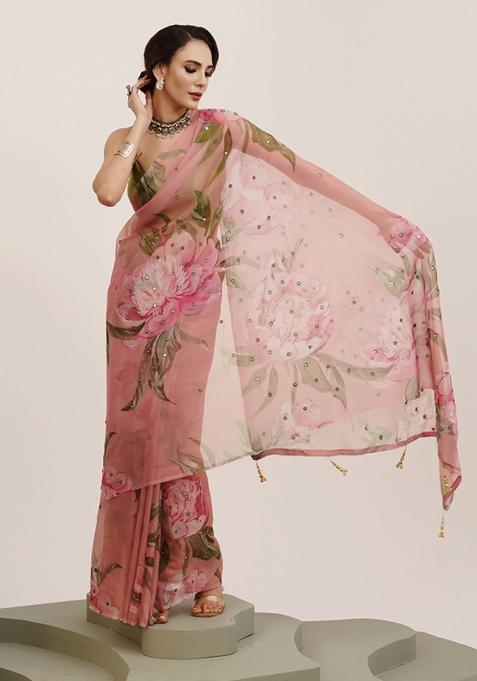 Pink Printed Organza Saree Set