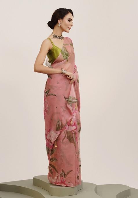 Pink Printed Organza Saree Set