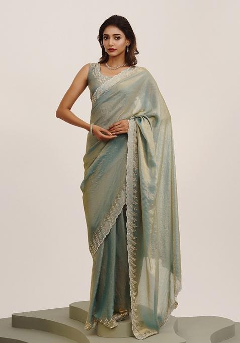 Grey Printed Satin Saree Set
