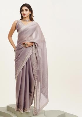 Purple Printed Satin Saree Set