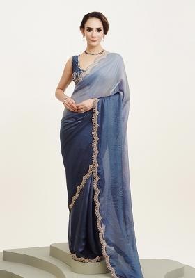 Blue Printed Satin Saree Set