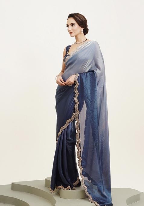 Blue Printed Satin Saree Set