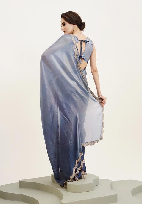 Blue Printed Satin Saree Set