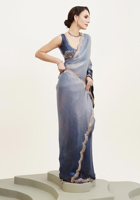 Blue Printed Satin Saree Set