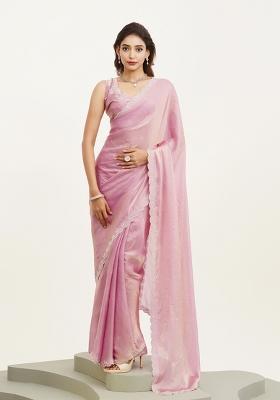 Pink Printed Silk Saree Set