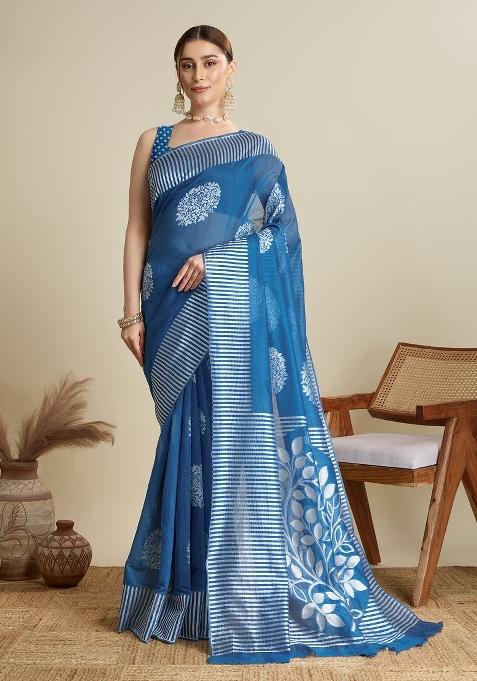 Blue Embroidered Silk Saree Set